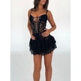 thumbnail image 2 of Opperiaya Robe Mini en Dentelle Sans Manches à Bretelles Spaghetti Croisée devant Ourlet à Volants Robe Moulante Clubwear, 2 of 9