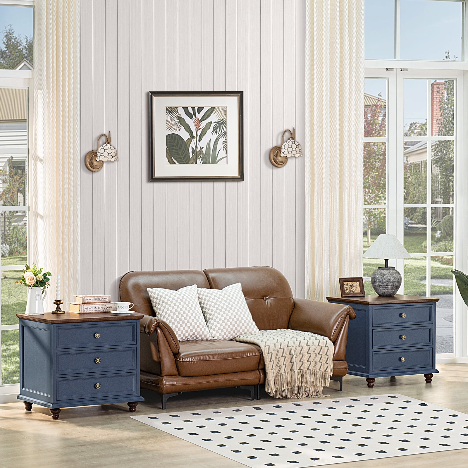 LELELINKY Wood 3 Drawer Nightstand, Large Beside Table Farmhouse Side Table for Bedroom Living Room, Closet (Dark Blue)