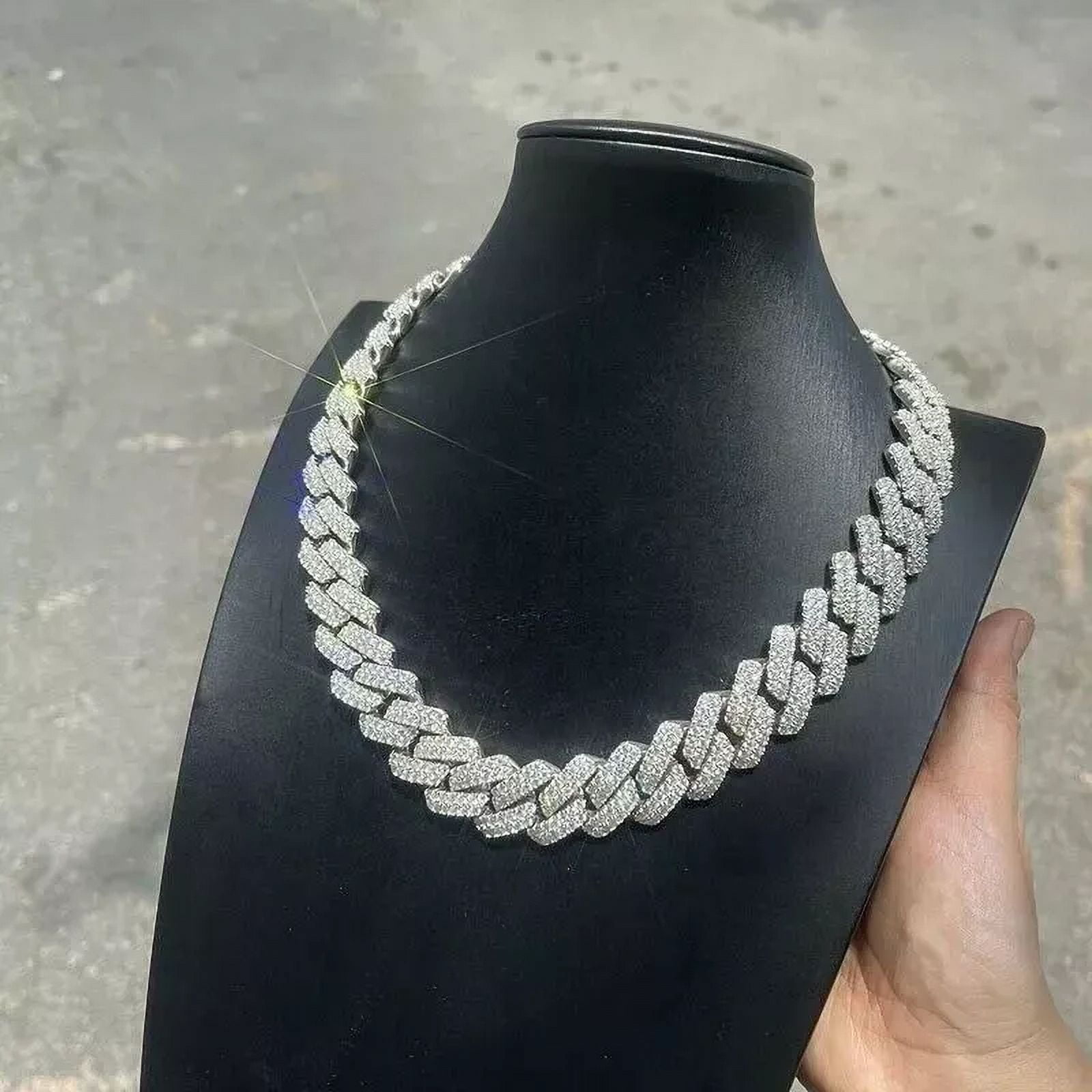 14MM Cuban Chain Lab Created Round-Cut Diamond Tow Line Cuban Link Chain For Men 14k White Gold Plated 925 Sterling Silver