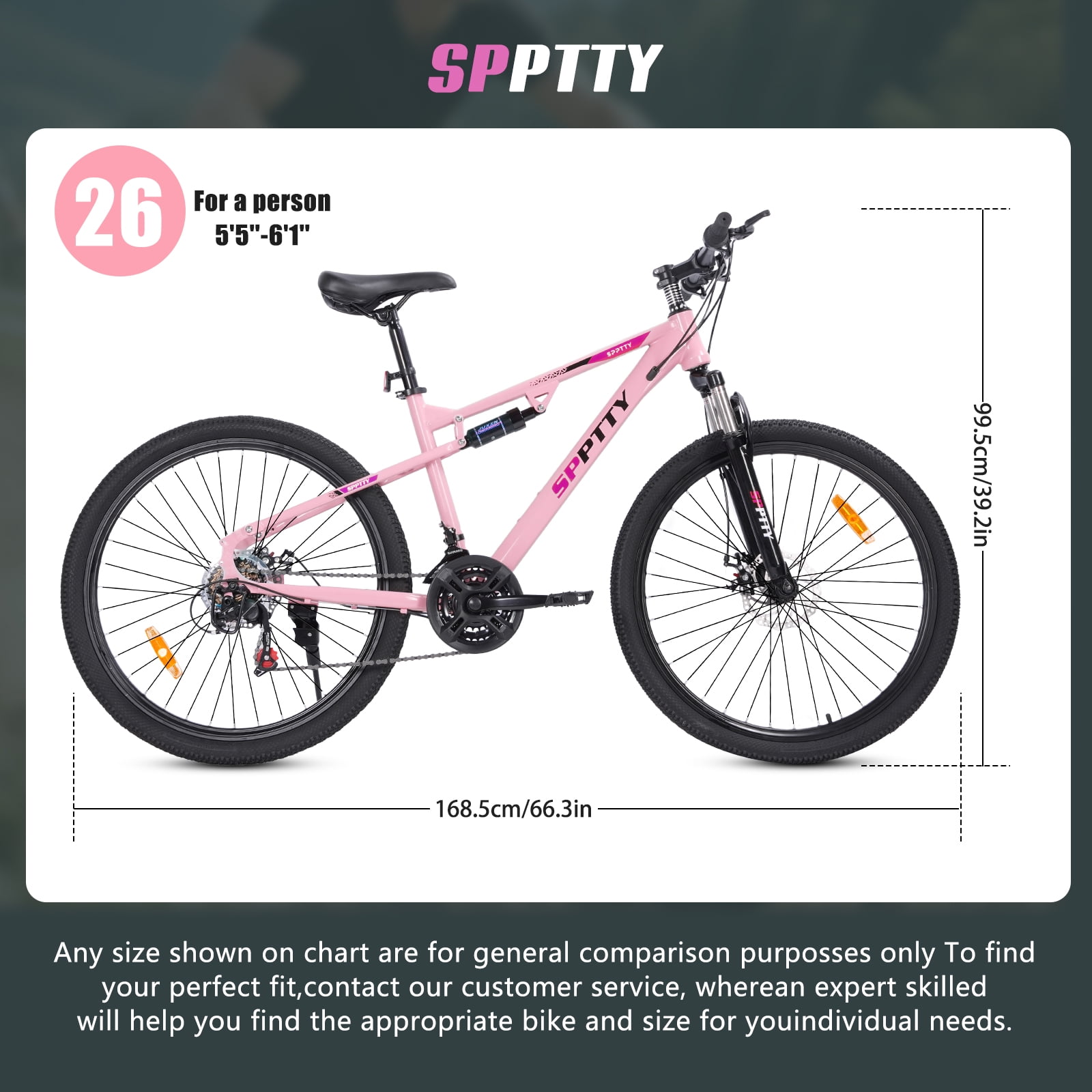 SPPTTY 26" Mountain Bike,Full-Suspension 21 Speed Drivetrain, Disc Brakes,Bicycle for Men Women Rose Gold