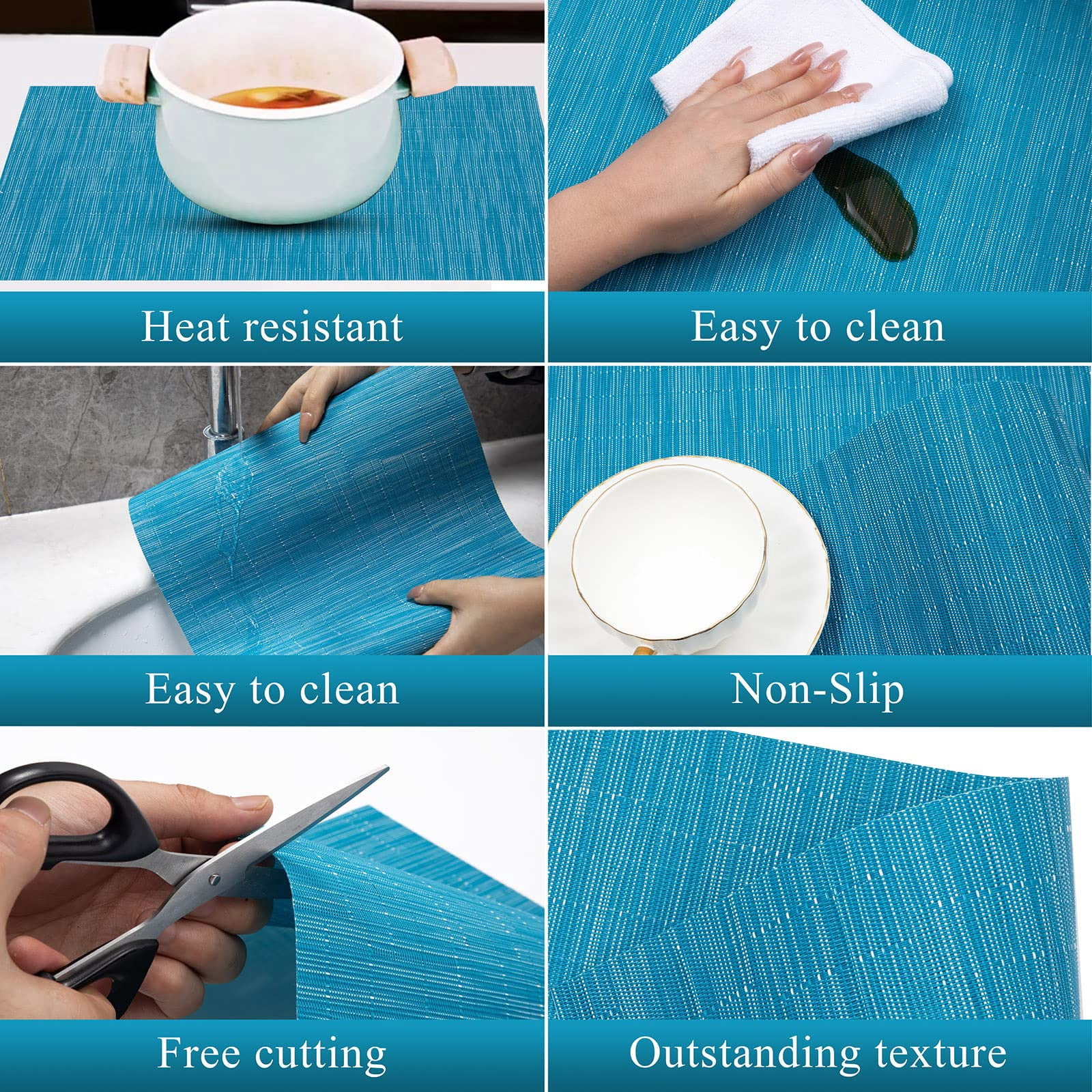 Stcomart Set of 8 Blue Vinyl Placemats - 12 x 18 Inches Washable PVC Table Mats for Dining Room Kitchen