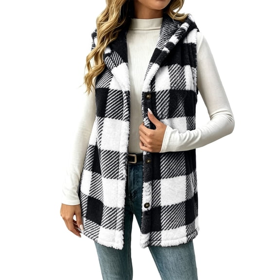Sevevn Women's Reversible Buffalo Plaid Fleece Hooded Vest Sleeveless Button Down Mid-Length Sherpa Lined Check Gilet Casual Winter Outerwear Black 2XL
