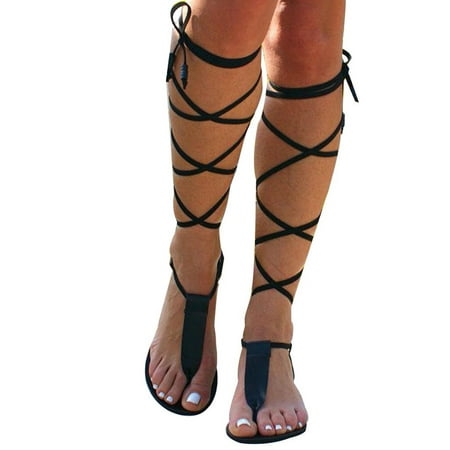 

Women Girls Gladiator Sandals Flat Summer Strappy Lace Up Open Toe Knee High Flat Sandal Beach Travel Dressy T-Strap Thong Sandals