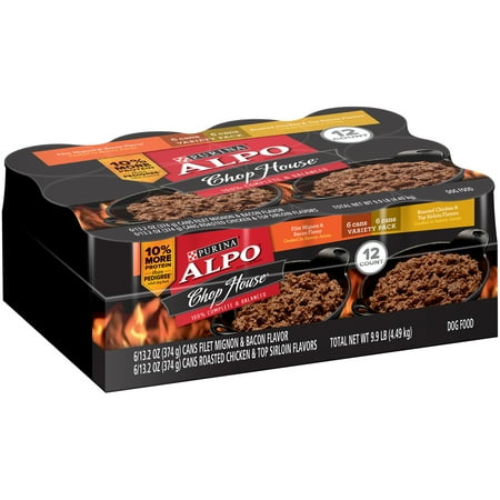 Purina ALPO Chop House Filet Mignon & Bacon and Roasted Chicken & Top Sirloin Flavors Savory Juices Variety Pack Wet Dog Food, 13.2 Oz, Case of 12