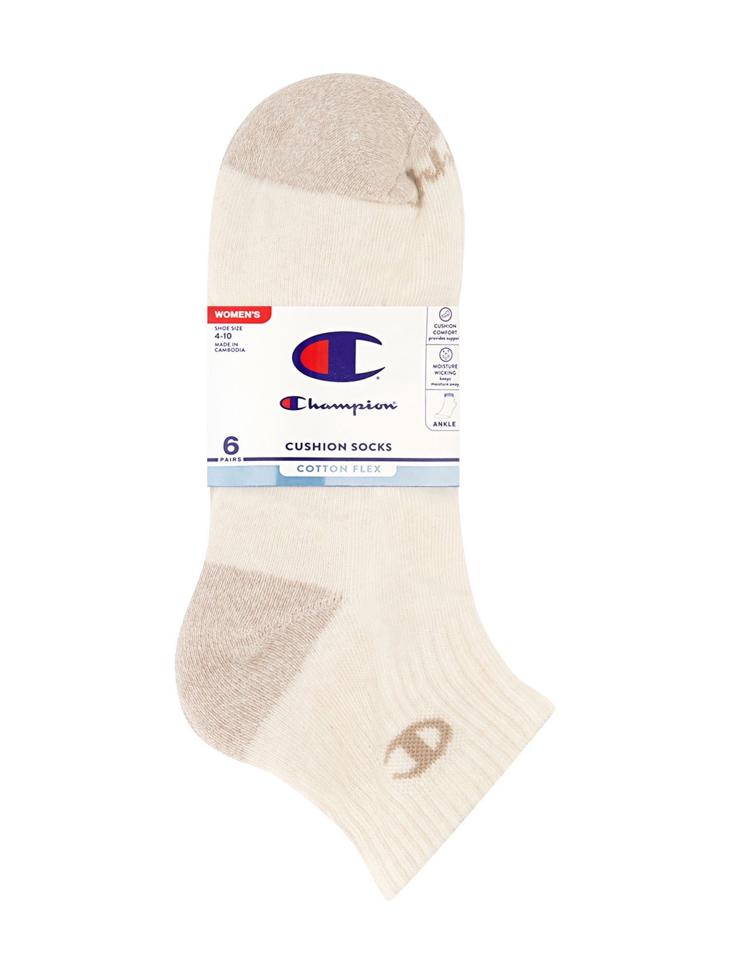 Champion Women’s Cotton Flex Half Terry Ankle Lightweight Socks, 6 Pack, Sizes 4-10