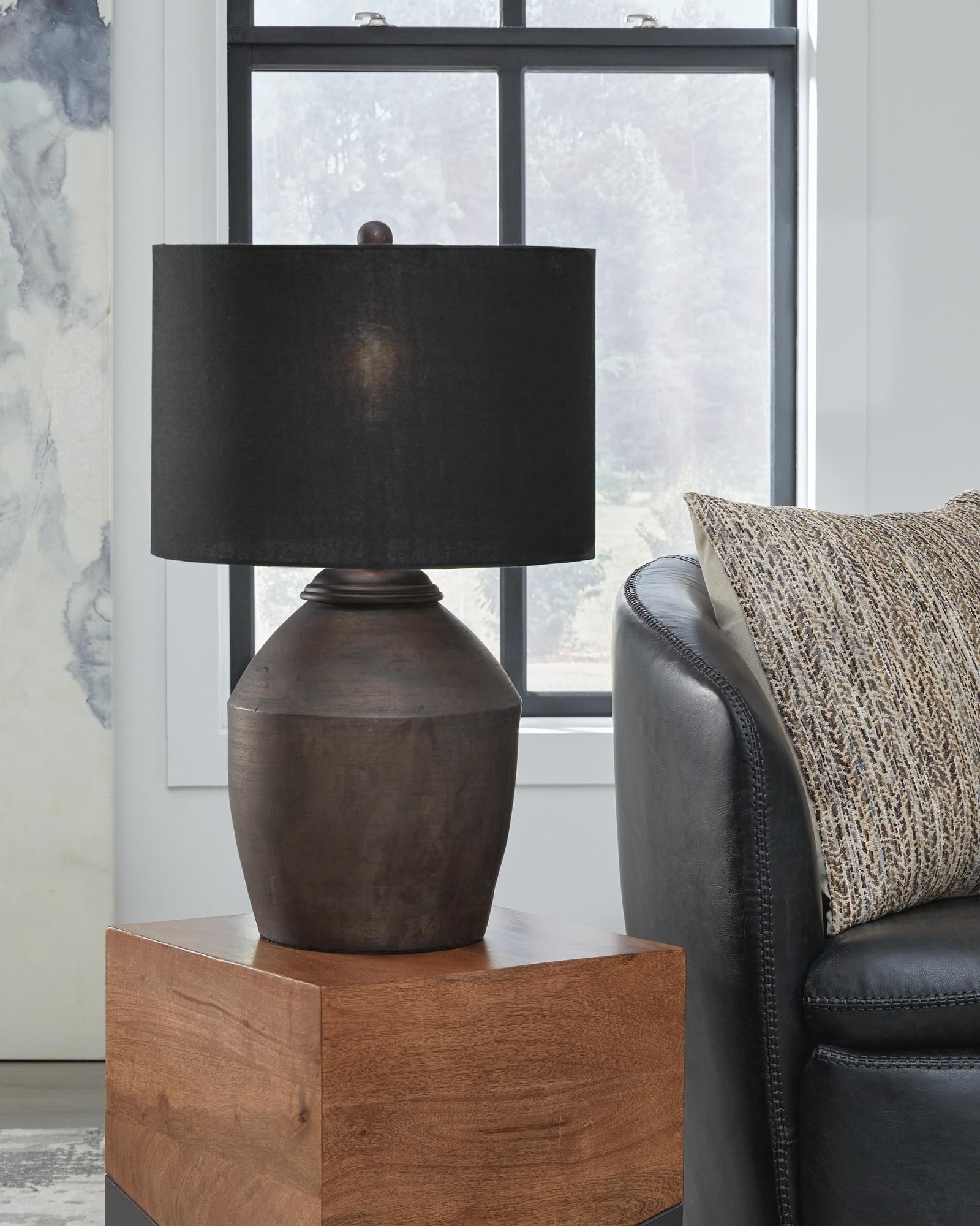 Signature Design by Ashley Naareman Terracotta Table Lamp, Metallic Black Finish, Drum Shade