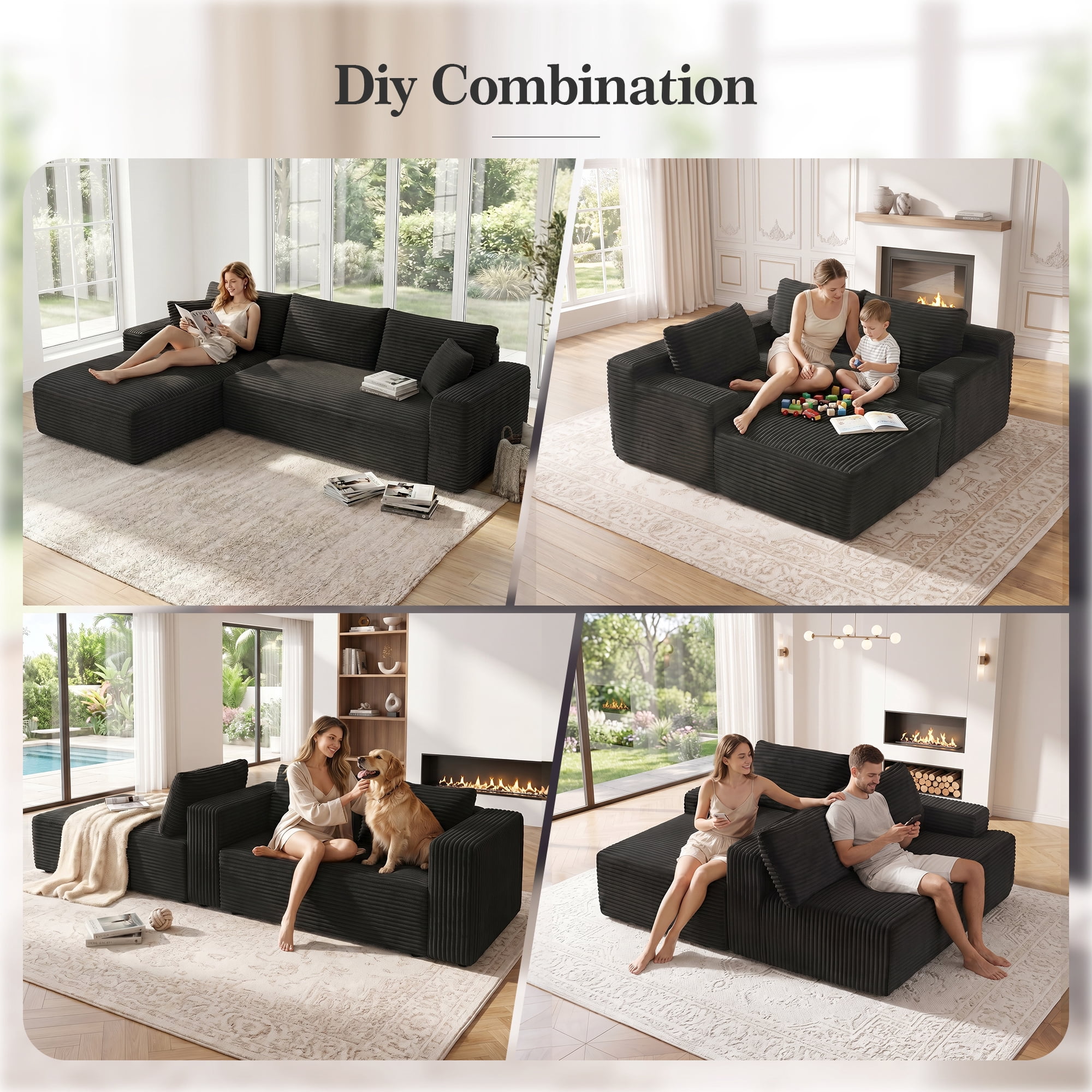 Aukfa 107" Boneless Modular Sectional Sofa, L-Shaped Corduroy Couch with Deep Seat and Left-Facing Chaise for Living Room, Black