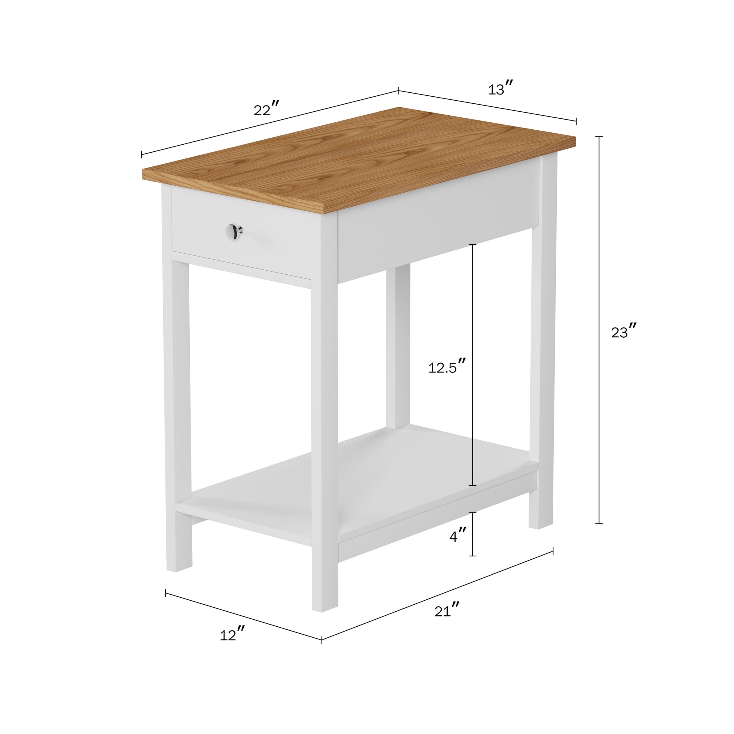 Lavish Home Small Side Table - Slim Nightstand with Drawer and Shelf, White