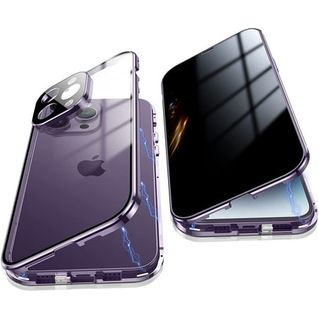 Anti Peeping Case for iPhone 14 Pro Max, 360 Degree Front and Back Privacy Tempered Glass Cover, Anti SPY Screen, Anti Peep Magnetic Adsorption Metal Bumper for iPhone 14 Pro Max (Purple)