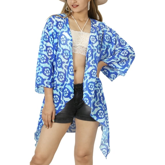 LA LEELA Women's Chiffon Summer Tropical Beach Loose Casual Kimono Tops Beachwear Duster Cardigan Cover up Kimonos for Women L-XL Dodger, Turtle