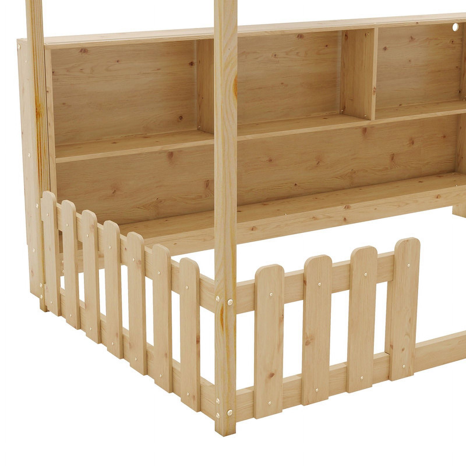 Mirightone Twin Size House Bed frame, Twin Floor Bed with High Rails & Storage Shelves, Montessori Bed with LED Light, Solid Wood House Floor Bed (Natural)