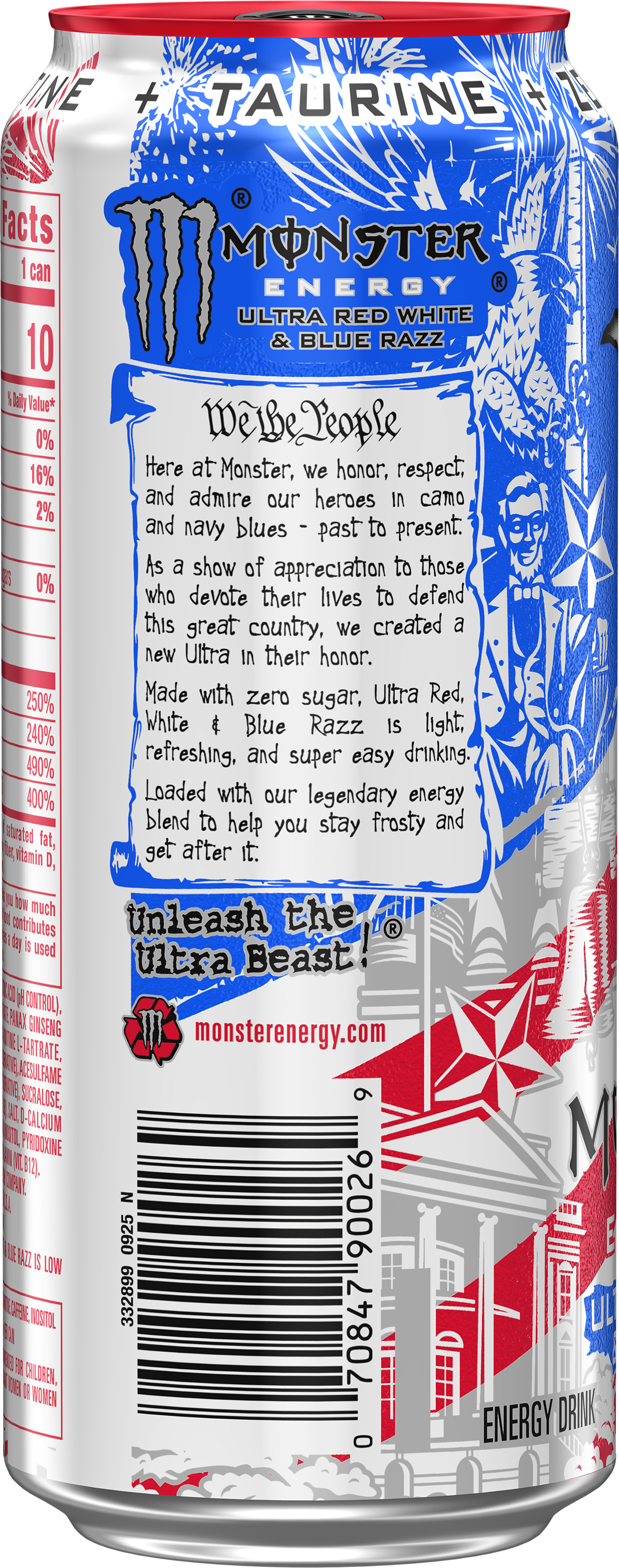 MONSTER ENERGY, ULTRA RED, WHITE, BLUE RAZZ, ENERGY DRINK, 16 FL OZ, CAN
