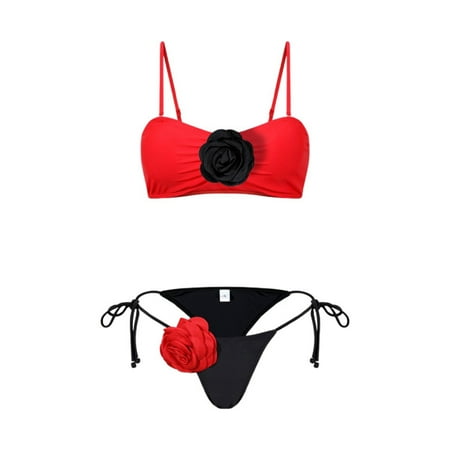 JIANJIA Womens Swimsuits Solid Color Floral Spaghetti Strap Backless Brassiere With Thongs Split Swimsuit Two Piece Bikinis Swimwears Bathing Suits Red M