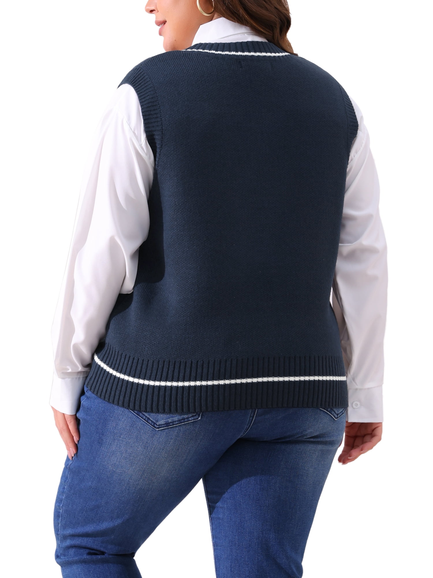 DARING DIVA Women's Plus V Neck Stripe Cable Knit Pullover Sweater Vest 1X Navy Blue