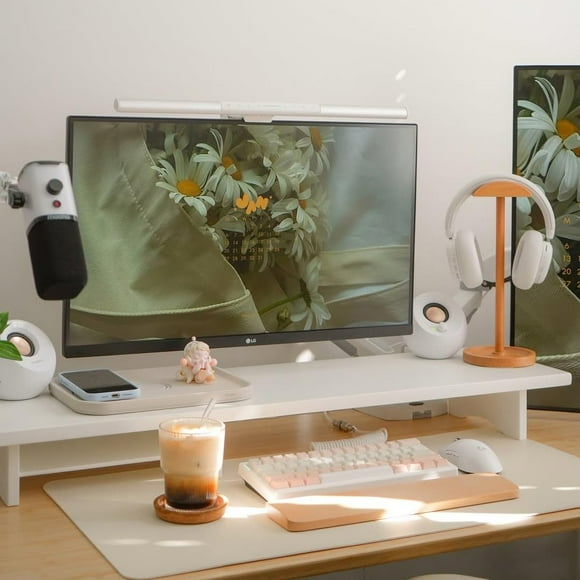 ROCDEER Bamboo Dual Monitor Stand Riser White, 2-Tier Desk Monitor Riser for 2 Monitors, Supports for PC Computer Monitor, Printer, Heavy TV Riser up to 300 lbs, White