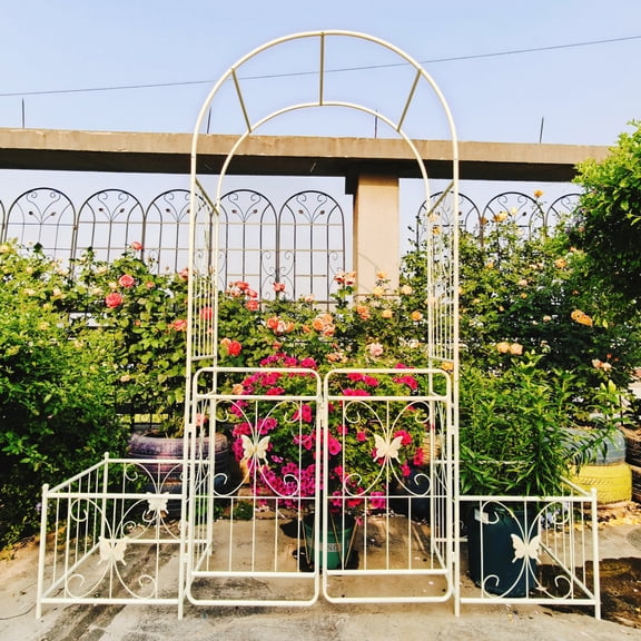 Cream White Metal Garden Arch with Gate 79.5"W×86.6"H Outdoor Climbing Plant Support