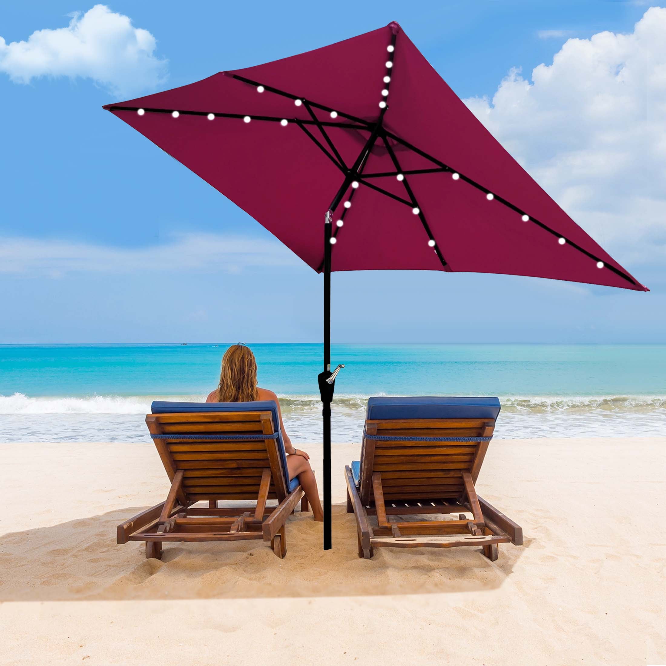 Aukfa 10 x 6.5ft Rectangular Patio Solar LED Lighted Outdoor Umbrellas for Market Beach Pool - Rose
