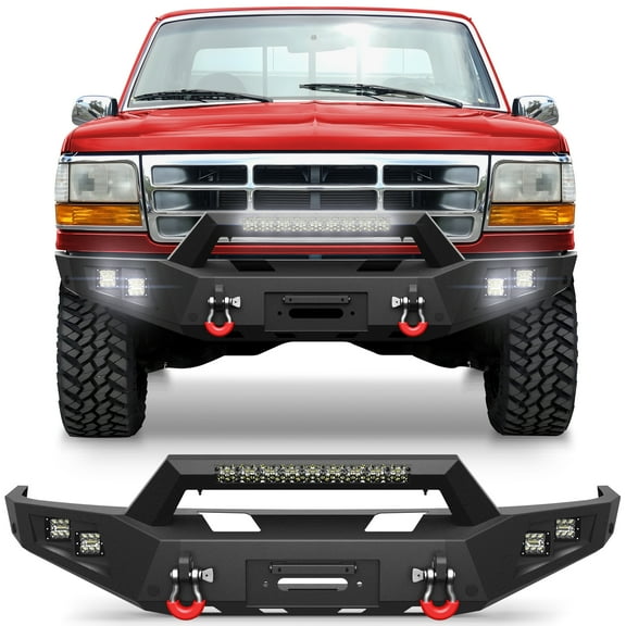 POFENZE Front Bumper for 1992-1997 Ford F150 F250 F350 Pickup Trucks Full Width Off Road Bumper w/Winch Plate, 144W Light Bar, 4x18w Lights, D-rings, License Plate Bracket