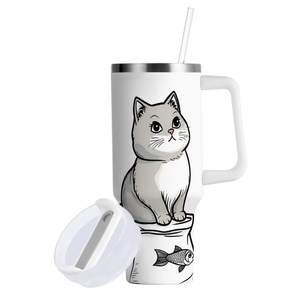 Yayeee 40oz Double-Wall Insulated Stainless Steel Tumbler with Handle Bottle, Gray Cute Chubby Cat