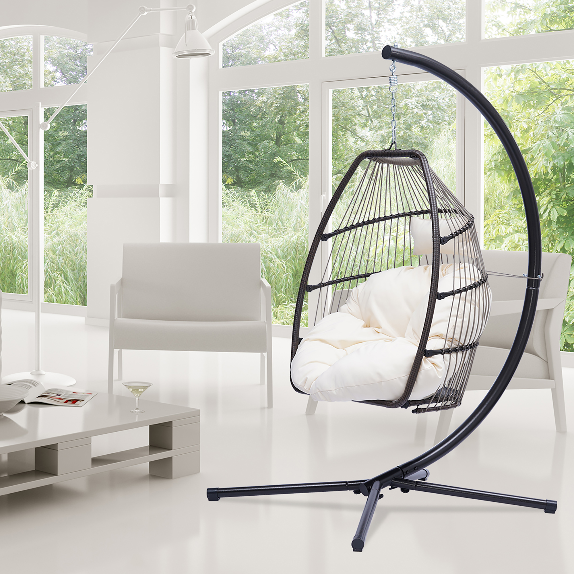 Hanging Chair Swing Egg Chair, Outdoor Rattan Egg Swing Chair, Heavy Duty Hammock Chair with Stand, Cushion and Pillow, Steel Frame Loading 250lbs for Indoor Outdoor Bedroom Patio Garden, B047 - image 3 of 10