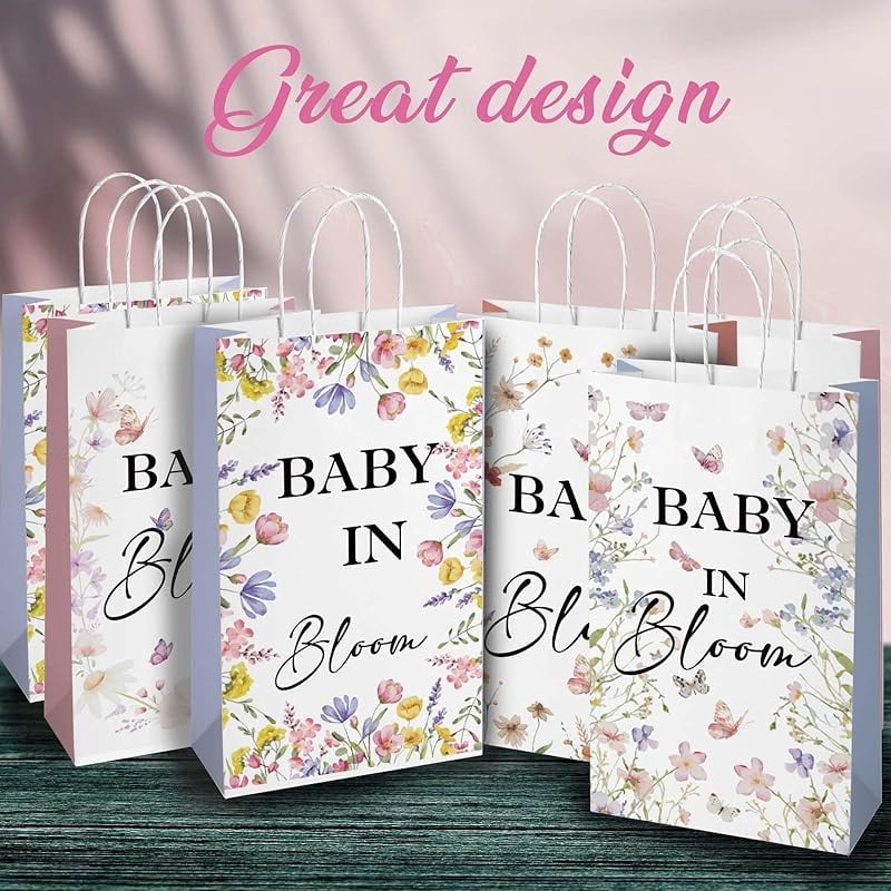 20Pcs Baby In Bloom Baby Shower Decorations，Bloom Baby Gift Bag for Girls，Gender Reveal Gift Bag，Boho Sweet Baby 1st Birthday Party Supplies, Floral Paper Gifts Bag with Handle 8.6*5*3.7inch