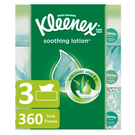 Kleenex Facial Tissues with Lotion, 3 Flat Boxes (360 Total Tissues)