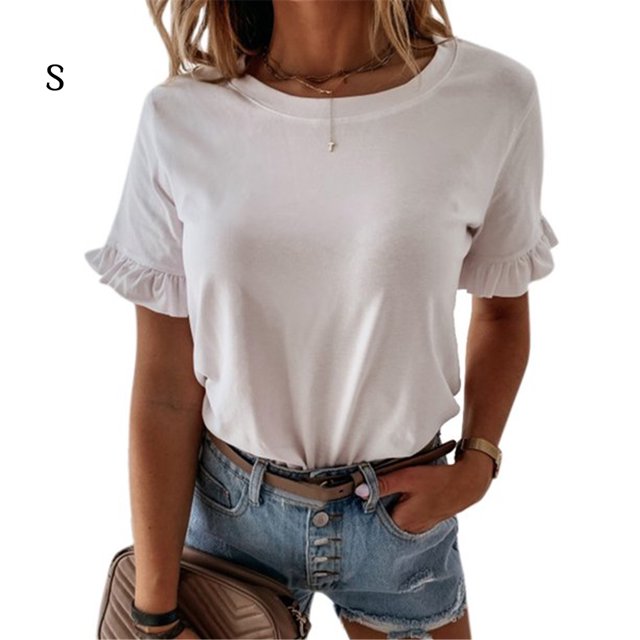 Qarigey Camiseta de mujer Cuello Top de verano Manga corta Algodón Chica Paño Prendas para la parte del cuerpo Blanco S Qarigey AP002119-11