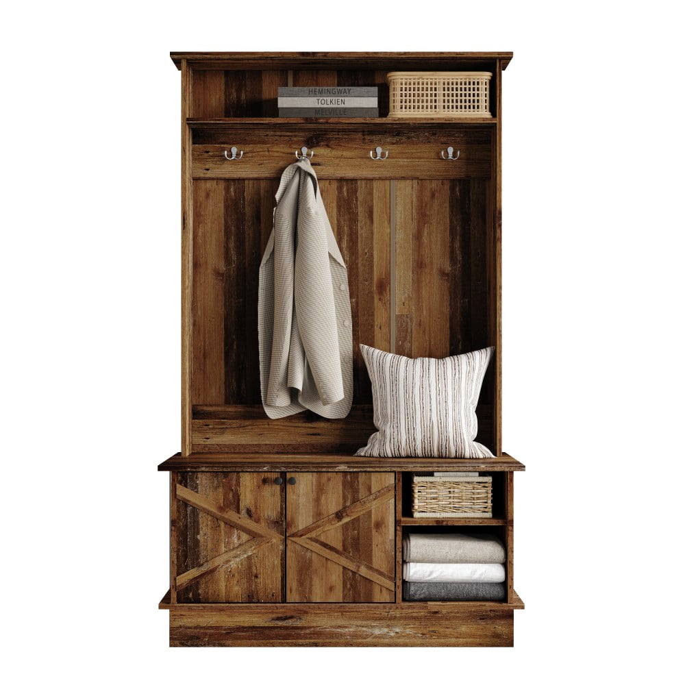 Castle Place Modern Hall Tree with Storage Cabinet, Walnut