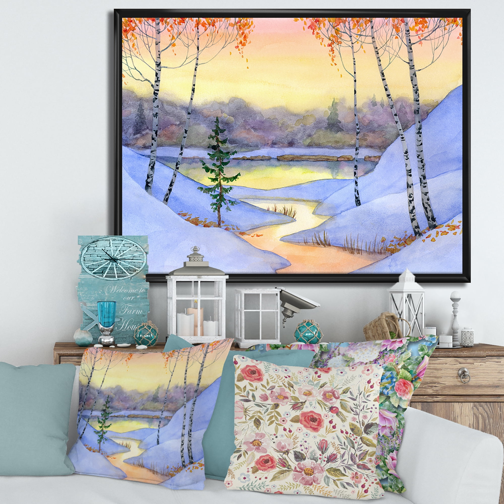 Designart 'Stream Through The Winter Forest II' Lake House Framed Canvas Wall Art Print