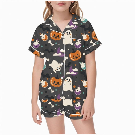 Shakumy Halloween Pajamas Girl Fall Costume Graphic Button Up Sleepwears Loungewear 2 Piece Top and Shorts Pjs Sets for 2-13 Years Teens