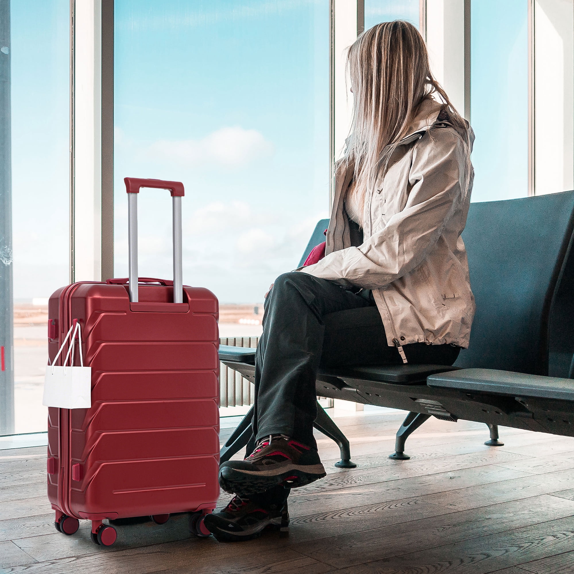 20"/24"/28" 3 pcs/set in ABS Spinner Wheel Luggage, Matching Color, With Combination Lock (Wine Red)