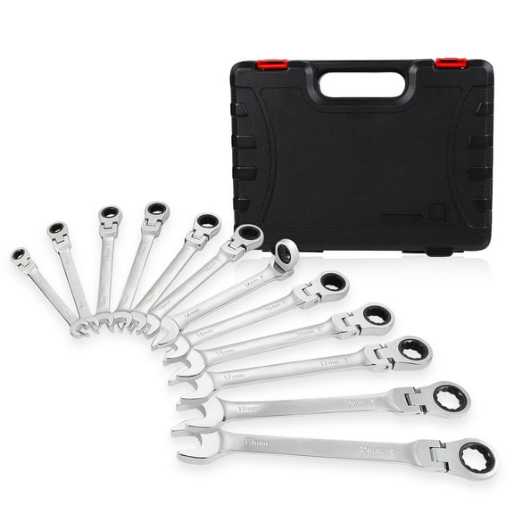 12 Piece Metric Wrench Set, 180° Flex Head & 72 Tooth Ratcheting Wrenches with Blow Mold Storage Case, Chrome Vanadium Steel, 1 Set, Black