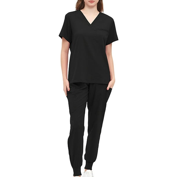 Conjunto de uniforme médico para mujer, camiseta y pantalones de enfermera de manga corta suaves con bolsillos Negro