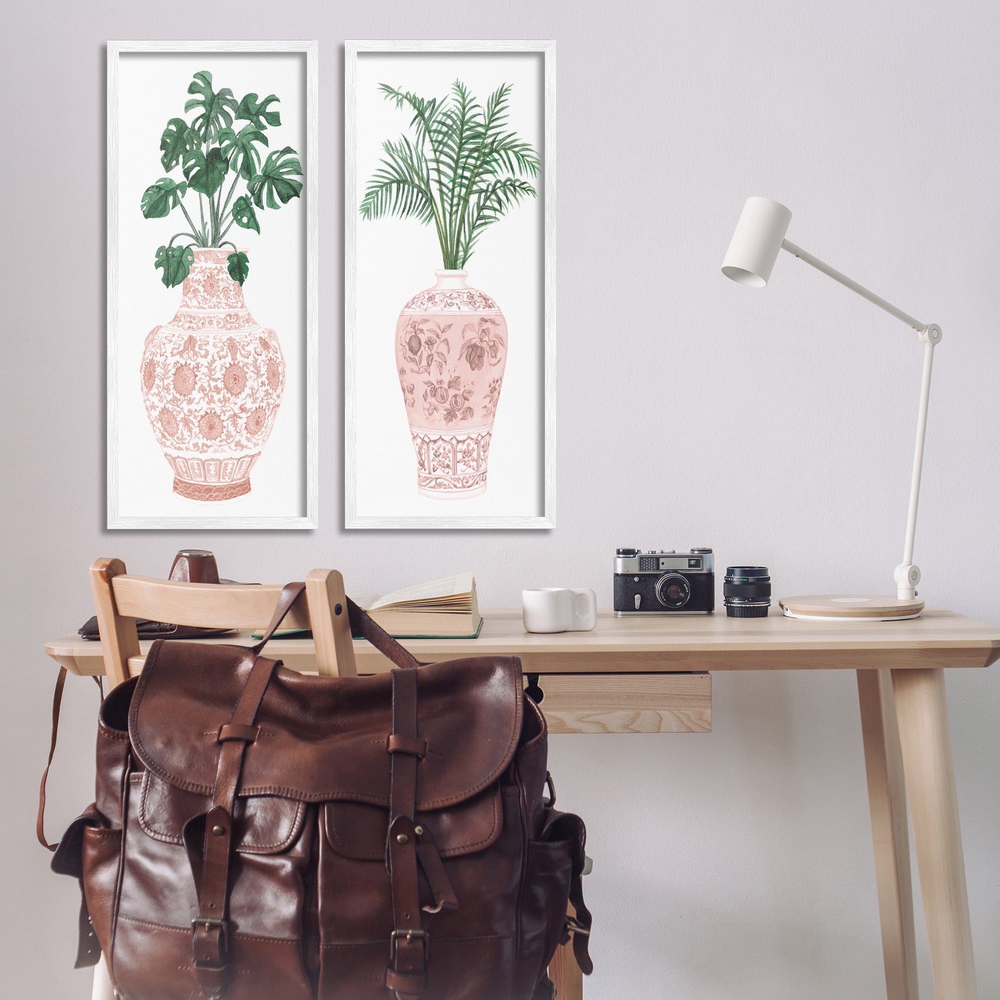Stupell Industries Plants & Oriental Vases Botanical & Floral Painting White Framed Art Print Wall Art, 13 x 30, Set of 2