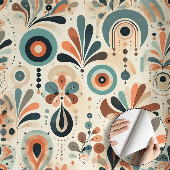 Boho Geometric Floral Wallpaper Vintage Funky Peel and Stick Wallpaper Waterproof Home Decor for Living Room Bedroom Dorm Room Kitchen Cabinet Drawer Shelf 17.7 * 118 in
