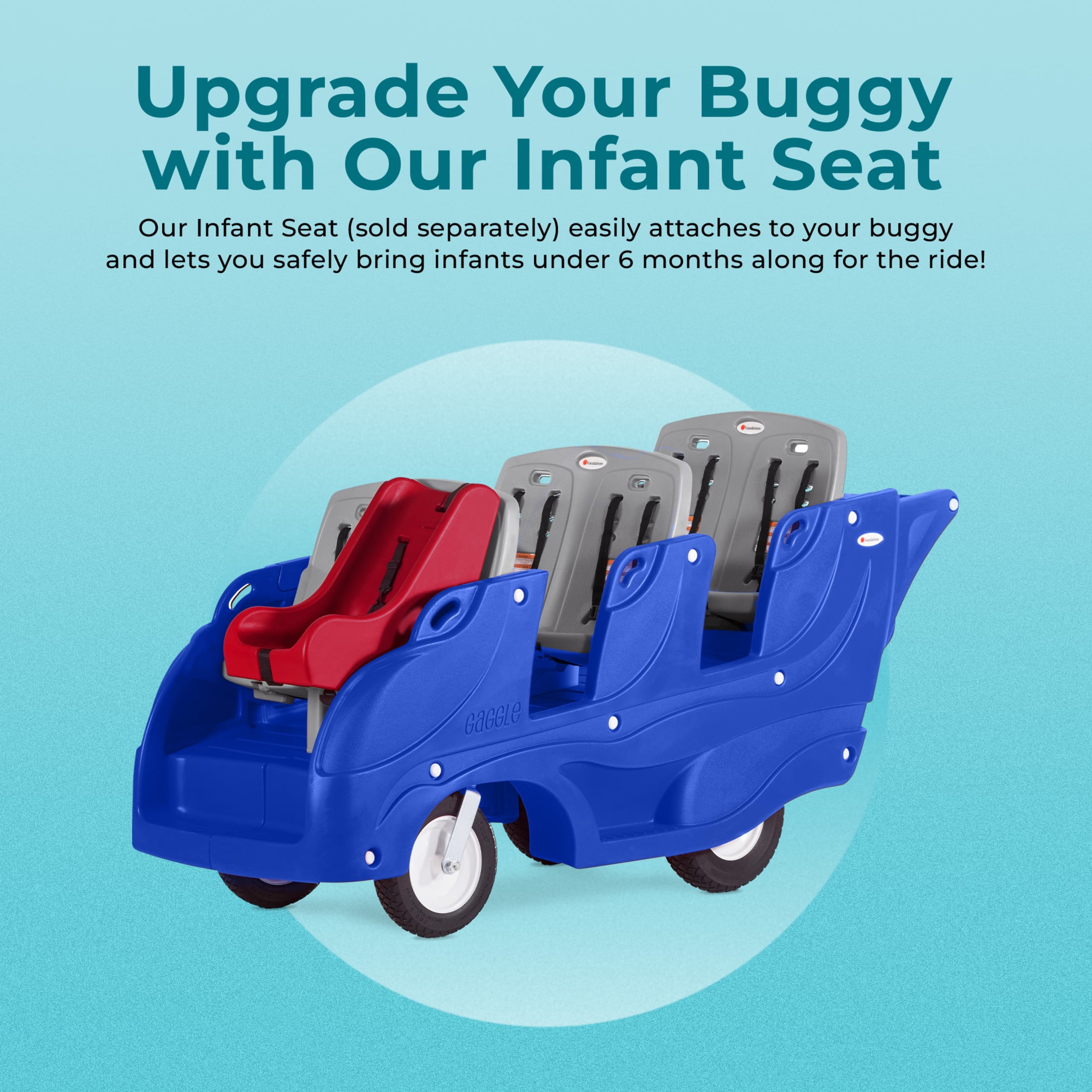 Foundations Gaggle Parade 6-Seat Buggy Stroller, Durable Multi-Child Daycare Stroller with Safety Harnesses, Blue/Gray
