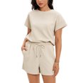 thumbnail image 4 of ATHLECHIC Women's Summer 2 Piece Short Sleeve Tops Shorts Pants Lounge Sets M Khaki, 4 of 5
