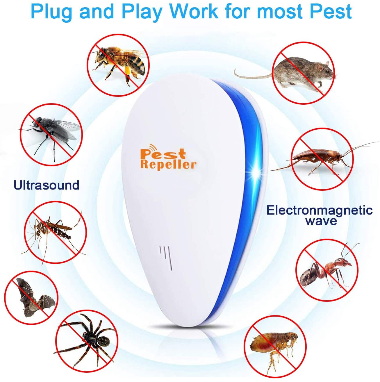 Roofei 6Pcs Ultrasonic Pest Repeller, Electronic Plug in Repellent Indoor for Flea, Insects, Mosquitoes, Mice, Spiders, Ants, Rats, Roaches, Bugs-White