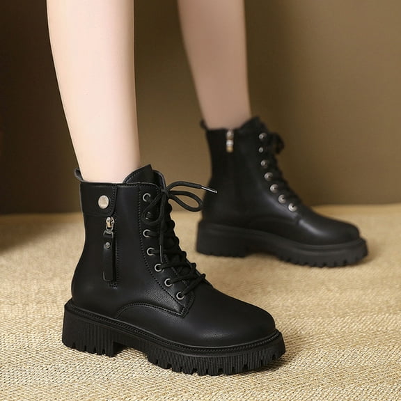 PiGOGI Women's Western Style Ankle Boots Pointed Toe Leather Chunky Heel Fall Winter Comfortable Casual Shoes Black 42