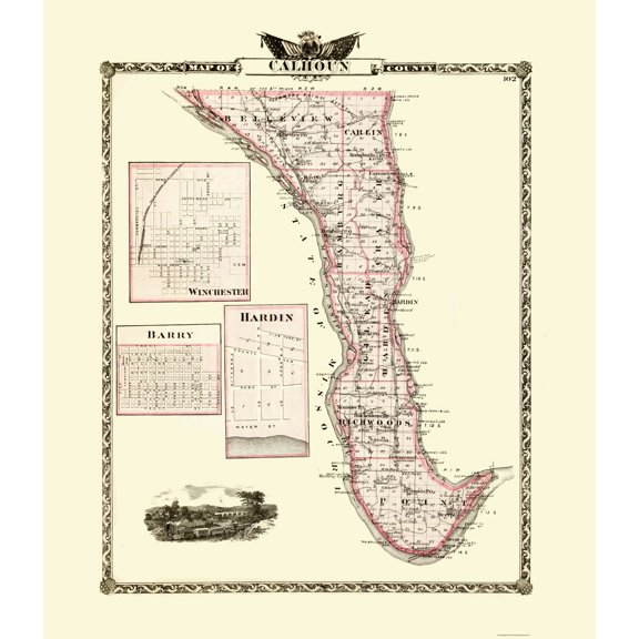 Historic County Map - Calhoun County Illinois - Warner 1876 - 23 x 26.59 - Vintage Wall Art