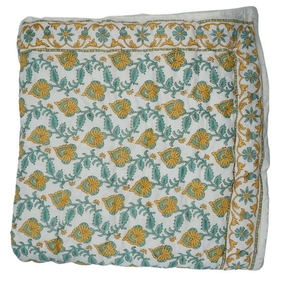 Block print cotton quilt, handmade quilted cotton warm quilt, 110"X103"