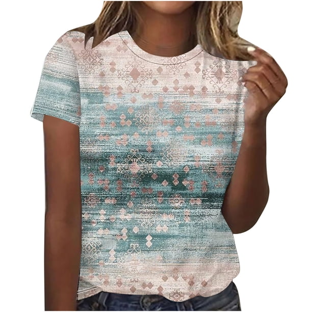 Tops Cortos para Mujeres Retro Impreso Cuello Redondo Manga Corta, Camiseta Casual para Uso Diario Y de Fiesta
