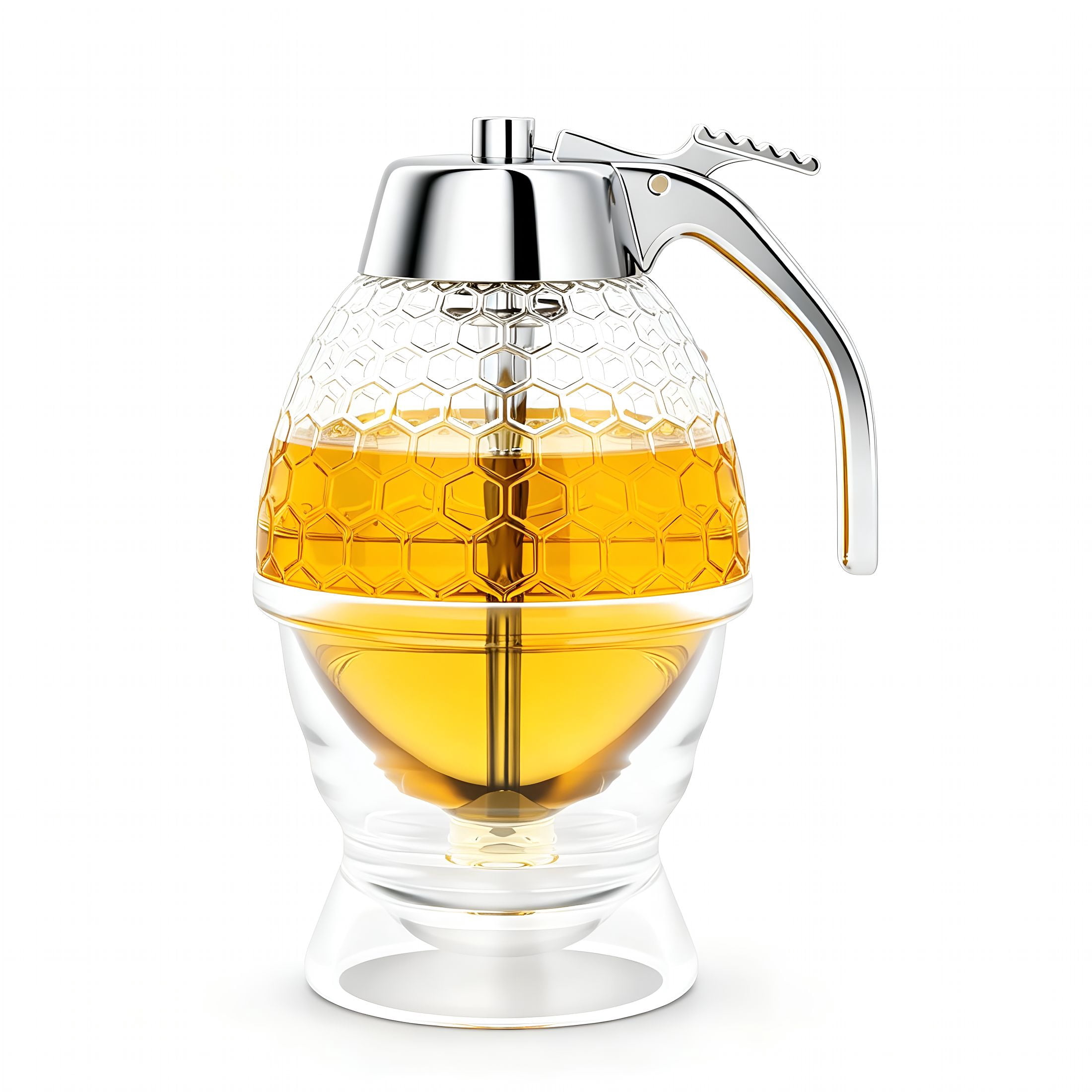 ACDANC Honey Dispenser No Drip Glass 8 Oz with Plastic Top,Honeycomb Shaped Honey Jar with Stand - 6" Clear Container,Honey Pot,Maple Syrup Dispenser,Bee Decoration