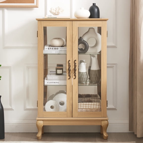 HIUU Oak Curio Cabinet with Glass Doors,43"H Lighted Display Case with Mirrored Back Panel and Adjustable Shelves ,Wood Storage Cabinets with 2 Doors,Light up Display Case for Living Room