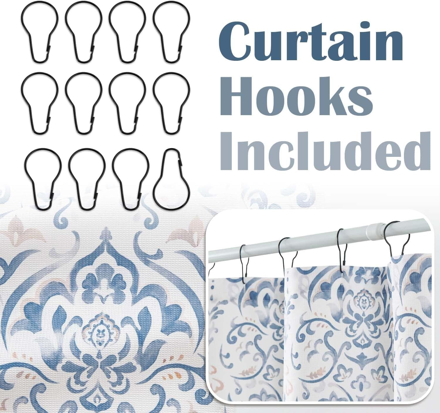Blue Floral Shower Curtain, Medallion Damask Farmhouse Shower Curtains for Bathroom, Watercolor Retro Vintage Pattern Waterproof Fabric Shower Curtain, Bath Decor with Hooks 70x72 Inch