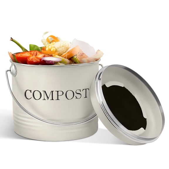 Kitchen Compost Bin, 1.3 Gallon Metal Countertop Compost Bucket with Lid, Indoor Composter, Off-White