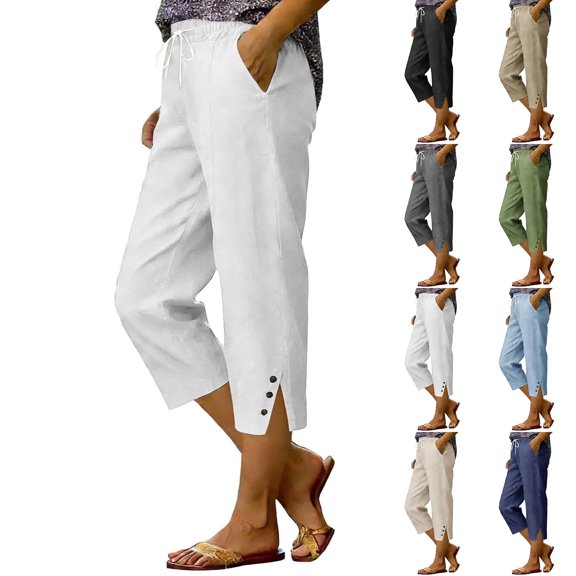 2026 Summer Women Casual Cotton Linen Capri Pants Drawstring Elastic Waist Wide Leg Trousers Breathable Beach Vacation Cropped Pants White M