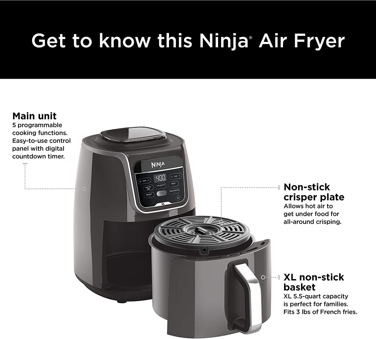  Ninja AF150AMZ Air Fryer XL, 5.5 Qt. Capacity that can Air Fry,  Air Roast, Bake, Reheat & Dehydrate, with Dishwasher Safe, Nonstick Basket  & Crisper Plate and a Chef-Inspired Recipe Guide