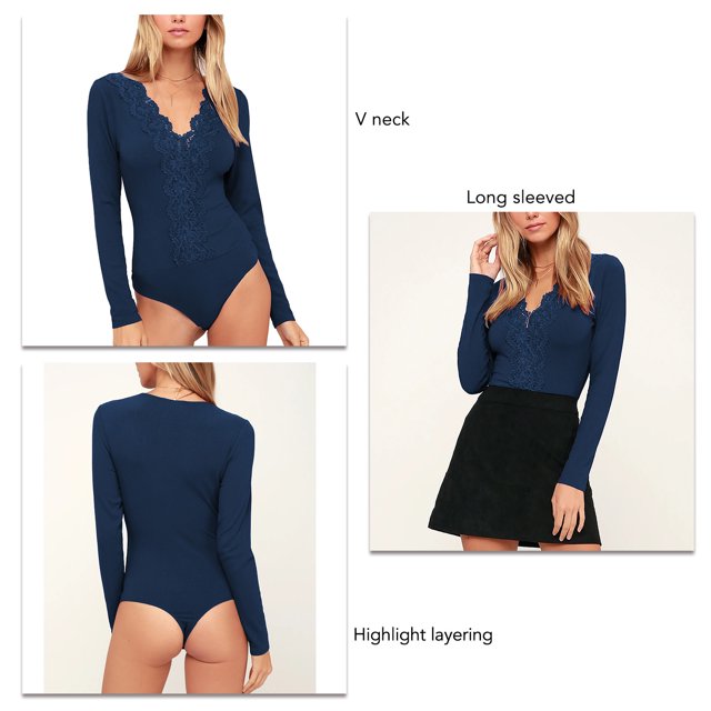 Women Bodysuit, Fashionable Slim Fit Lace Bodysuit Button For Party ANGGREK Azul Purpura XL