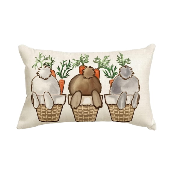 12*20 Inch Easter Bunny Throw Pillow Cover Decorative Rectangular Throw Pillow with Bunny and Carrot Basket Print Soft Linen Cushion Cover for Sofa Bed Chair Home Decor